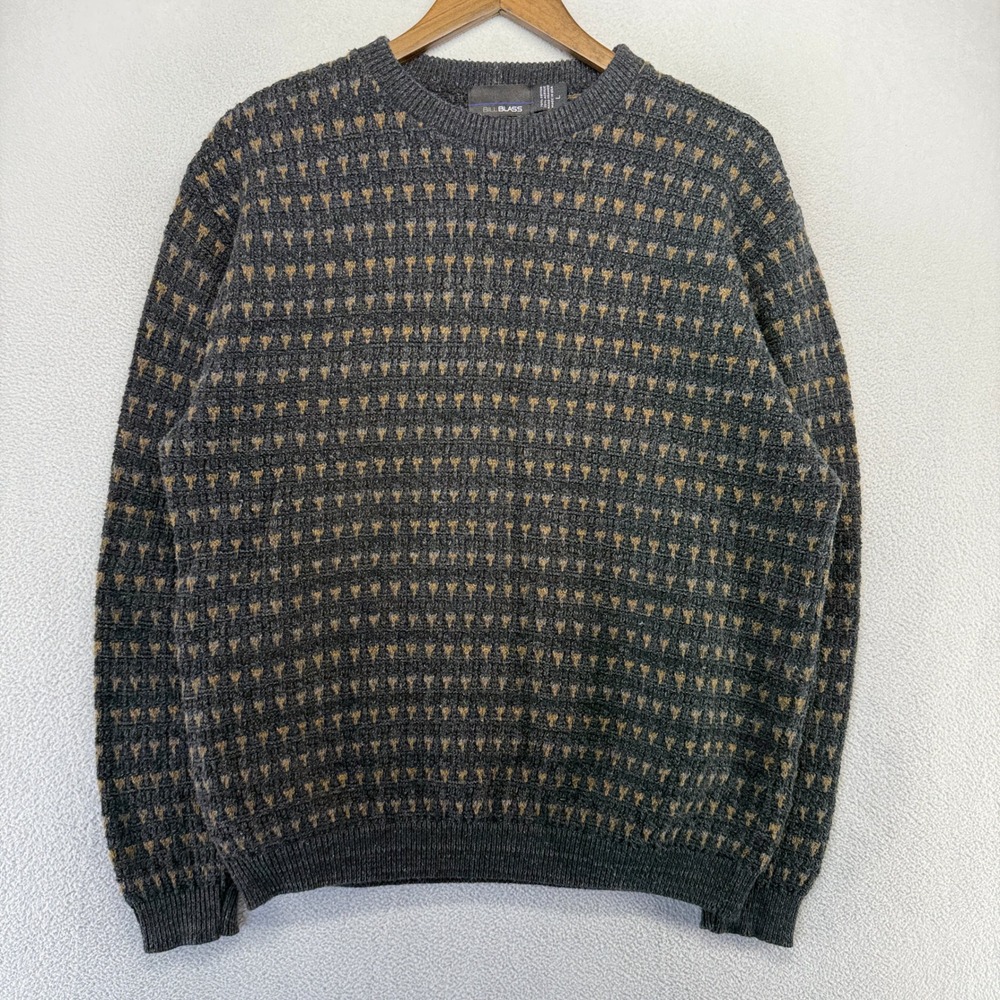 Vintage Bill Blass Sweater Mens Large Gray Brown Geometric Knit Grandpa Textured